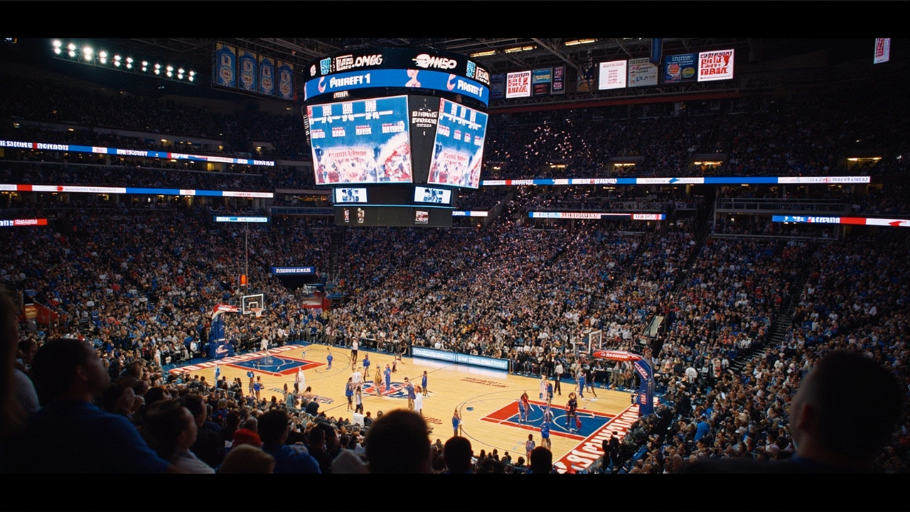 A basketball arena scoreboard displays final regular season standings with playoff matchup brackets