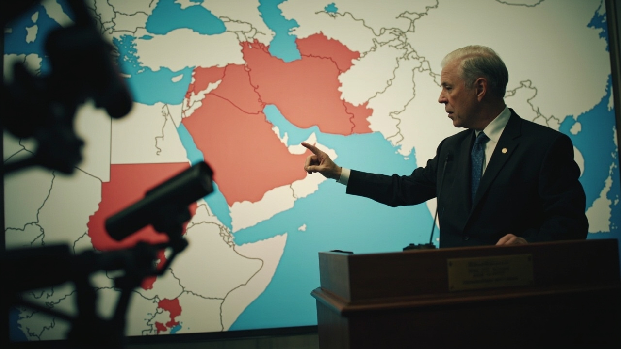 Benjamin Netanyahu gesturing at a wall-mounted Middle East map with red highlighted zones
