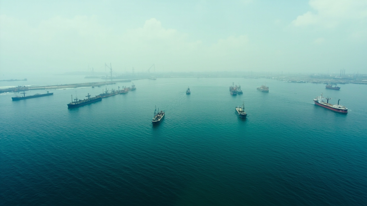 Oil tankers at anchor in a congested waterway with a digital price ticker overlay showing diverging crude prices