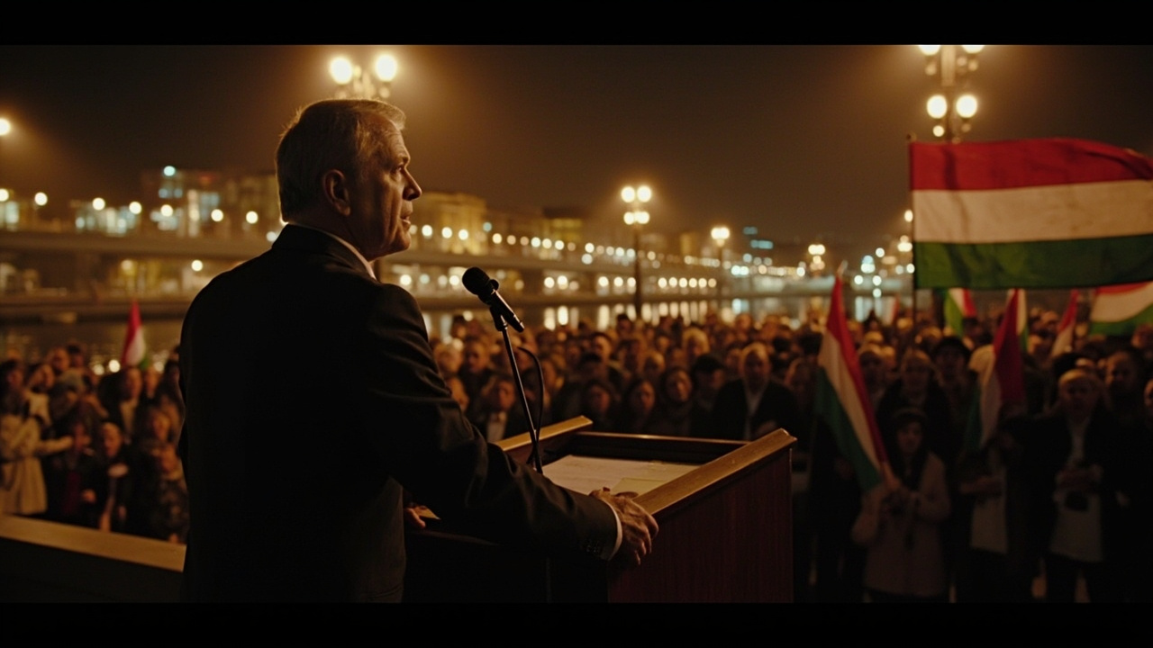 A podium in Budapest at night with supporters holding Hungarian flags in a somber crowd