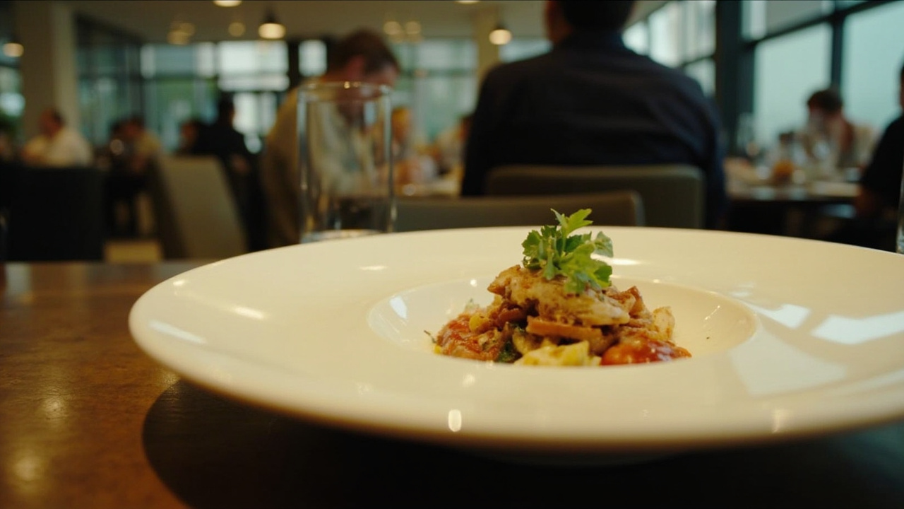 A small elegantly plated dish on a large white plate at a restaurant table with empty space around it