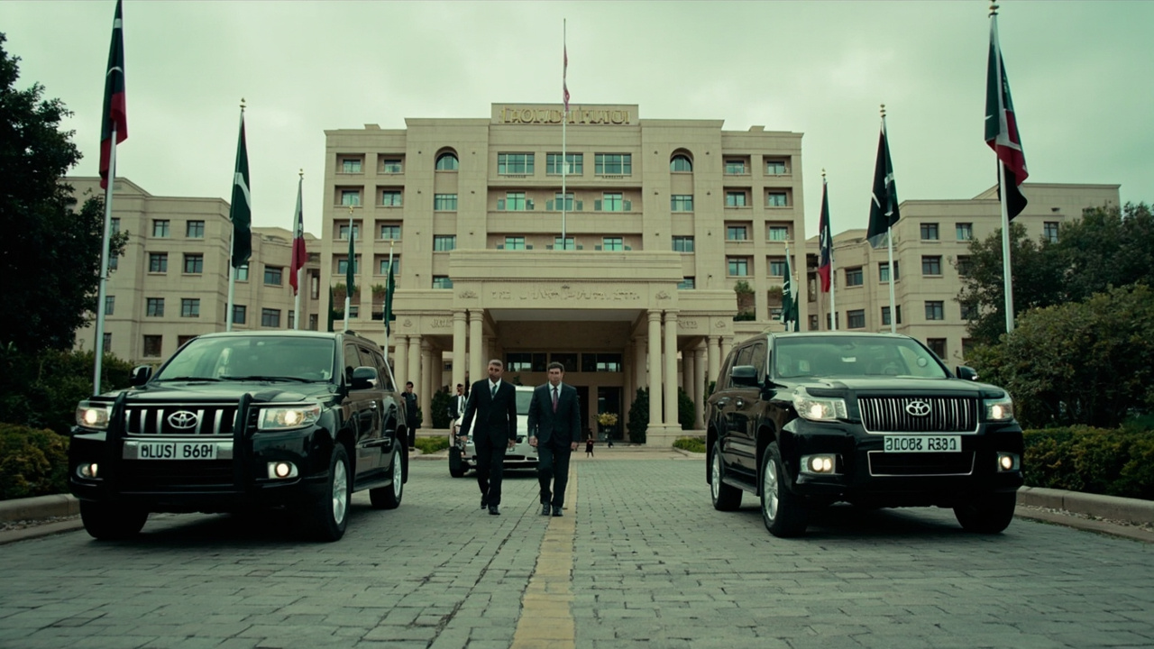 The Islamabad Serena Hotel entrance with diplomatic vehicles and Pakistani flags