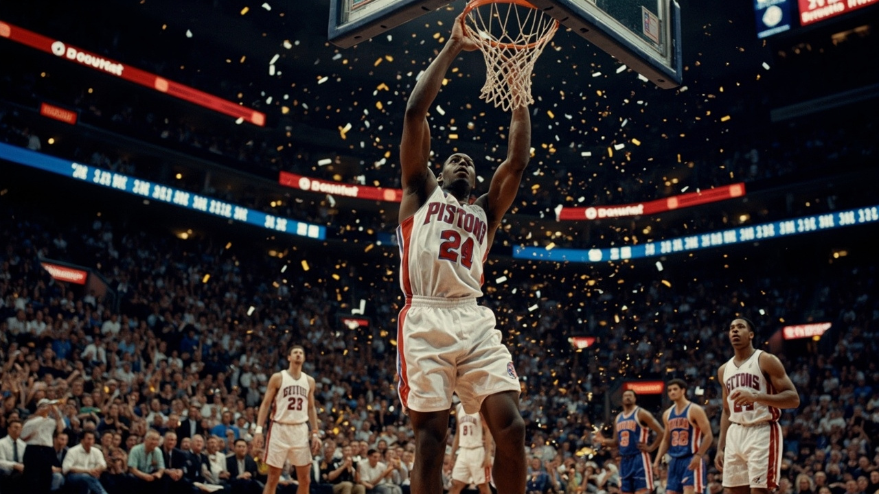 Paul Reed dunking in a Pistons uniform at Gainbridge Fieldhouse during the season finale