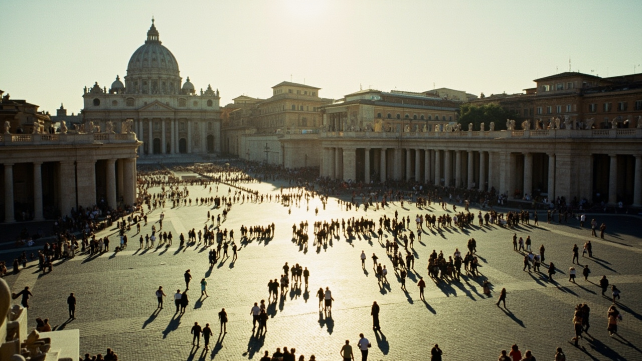 The Vatican facade with crowds gathering in St. Peter's Square