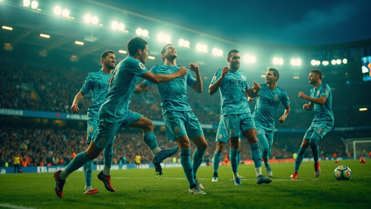 Manchester City players celebrate a goal at Stamford Bridge