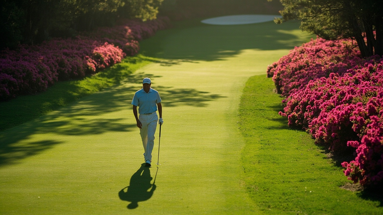 A golfer walking alone on a sunlit Augusta National fairway with azaleas in the background