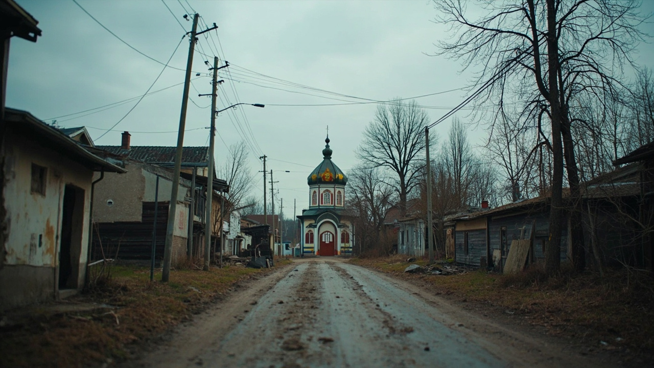An empty village street in eastern Ukraine with Orthodox Easter decorations visible on a damaged church