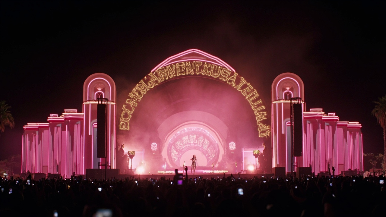 A brightly lit Coachella main stage with elaborate Hollywood-themed set pieces and a massive crowd
