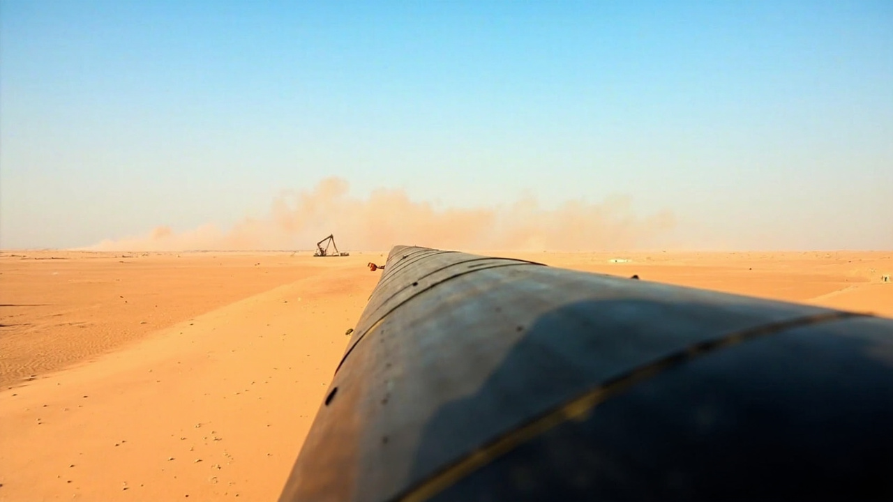 A long oil pipeline stretching across flat desert terrain toward a distant pumping station