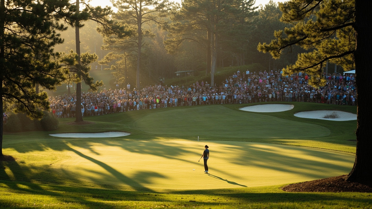 A golfer walking alone on the 18th green at Augusta National in afternoon light