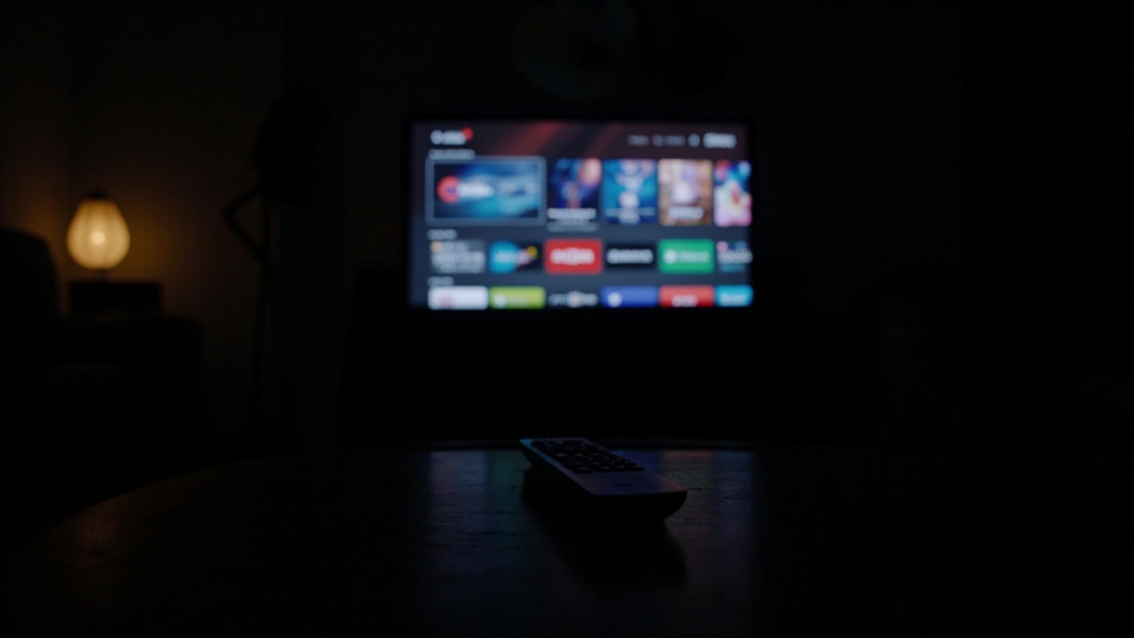 A television remote on a coffee table with multiple streaming app logos glowing on screen