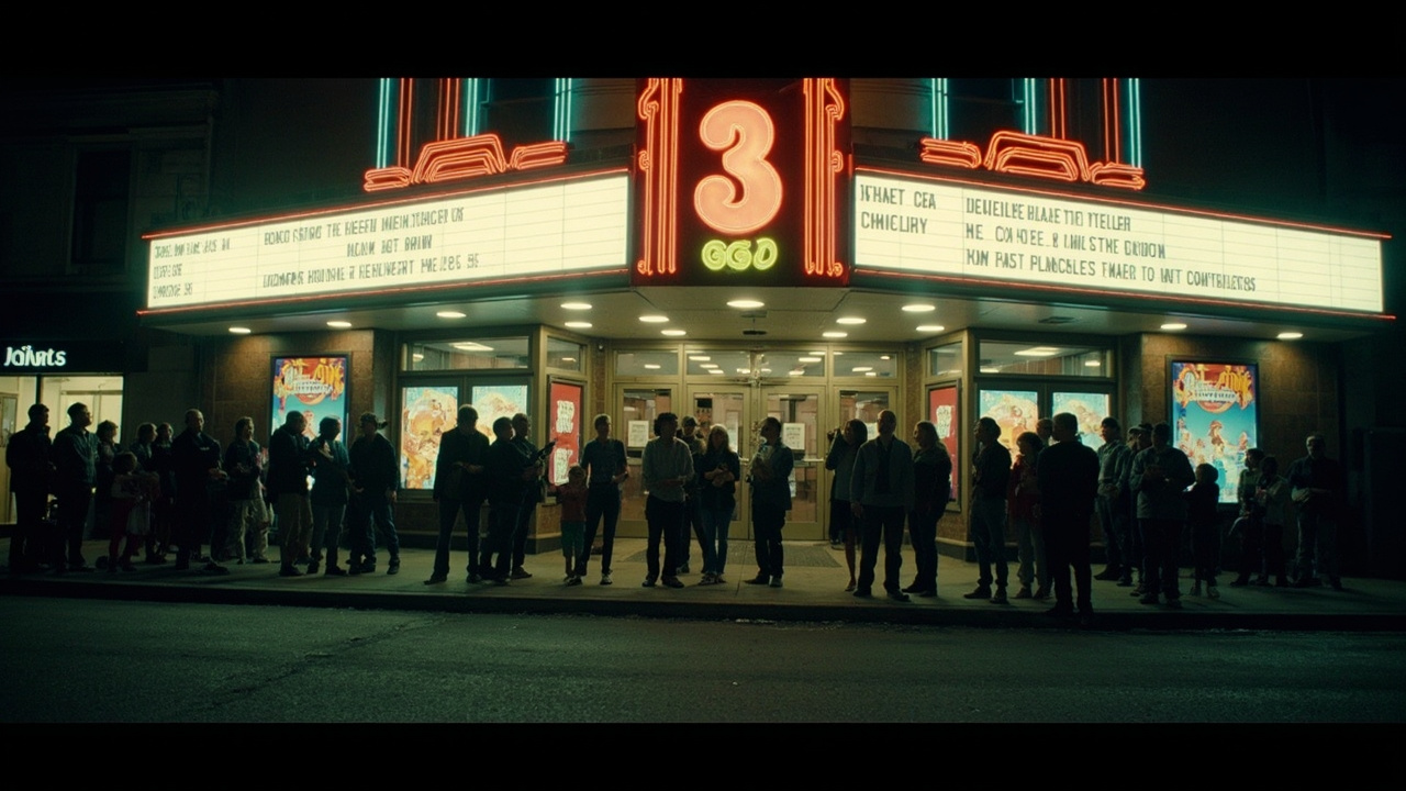 A movie theater marquee glowing at night with animated film promotional imagery