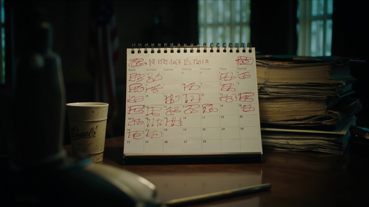 A wall calendar in a congressional office with multiple dates circled in red marker