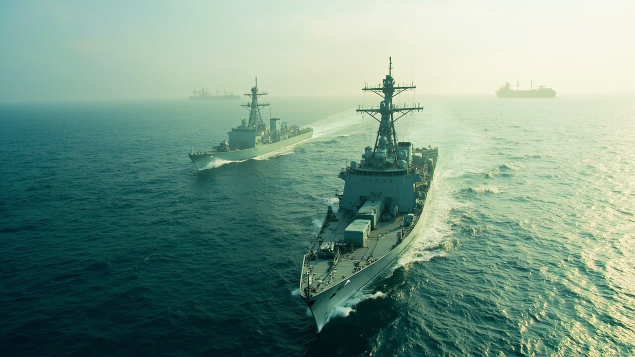 US Navy destroyers positioned near the Strait of Hormuz with commercial tankers visible in the background under a haze of tension