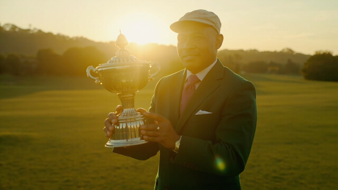 A golfer in a green jacket holding a trophy under spotlights