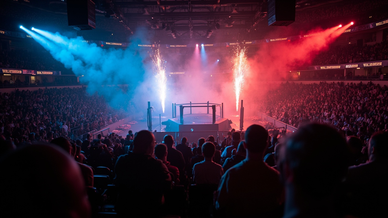 A crowded arena lit in neon with VIP section visible near a fighting cage