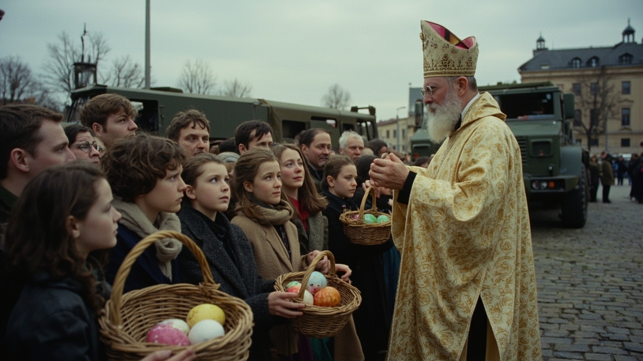Ukrainian worshippers having Easter baskets blessed at an outdoor church service with destroyed military equipment visible in the background