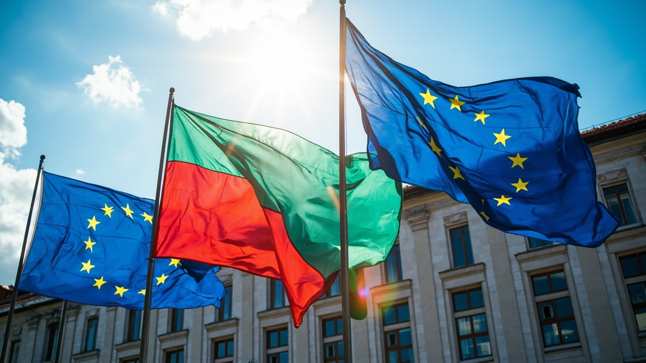 European Union flags alongside Hungarian flags at a government building