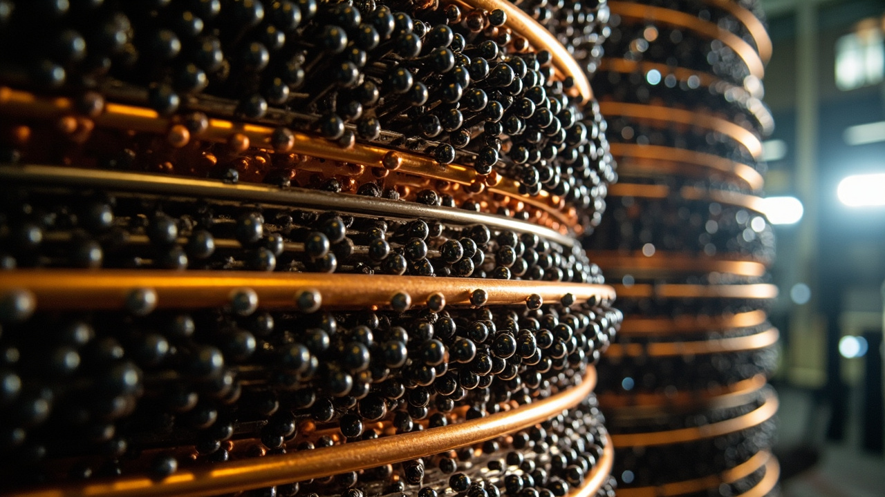The massive CMS detector at CERN with its layered cylindrical structure and engineers for scale