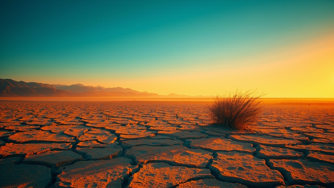 A heat-distorted desert landscape with cracked earth and a shimmering horizon under an orange sky