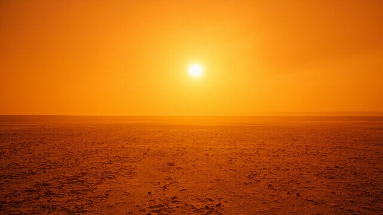A desert landscape with cracked dry earth under a blazing sun and hazy sky