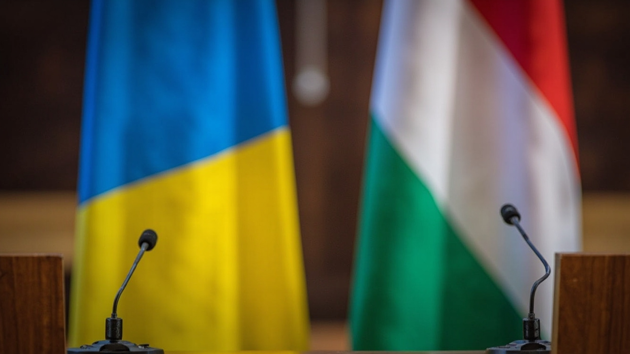 Ukrainian and Hungarian flags side by side on a diplomatic podium