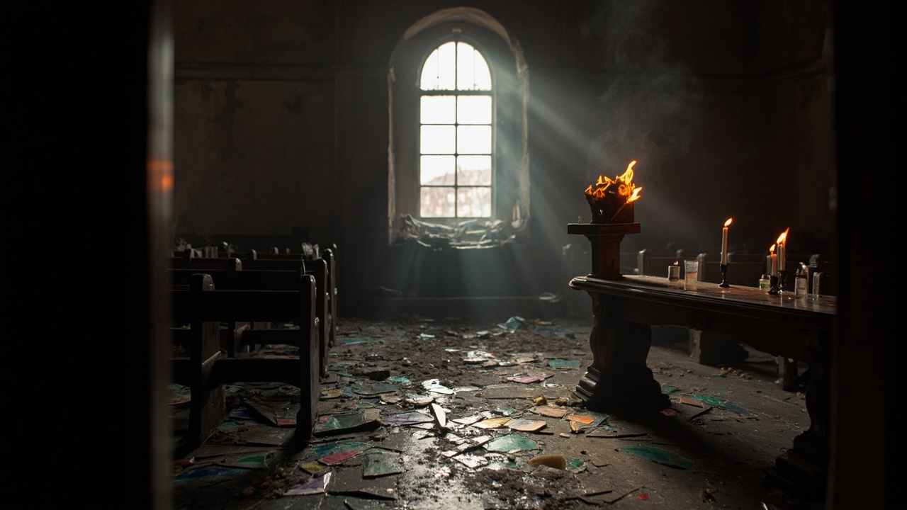 A darkened Orthodox church interior with candles burning amid rubble and broken glass