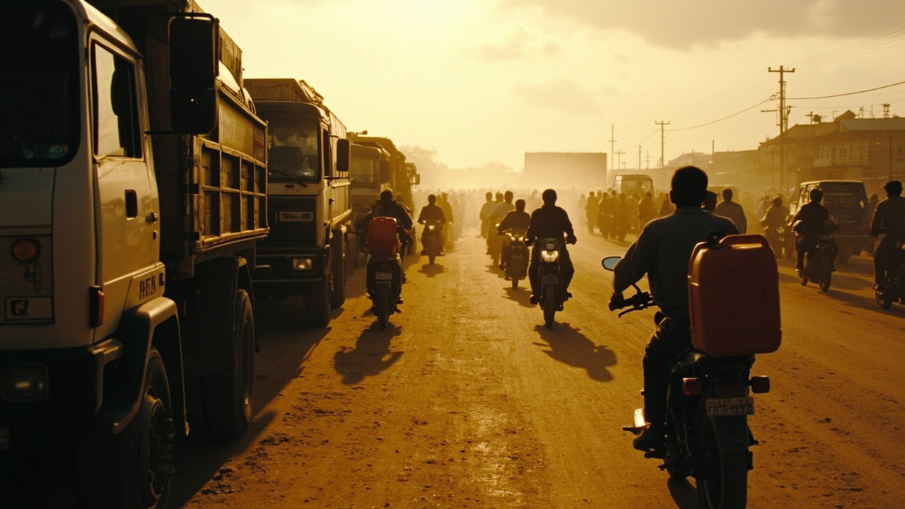 A long line of vehicles and motorbikes waiting at a fuel station in an East African city