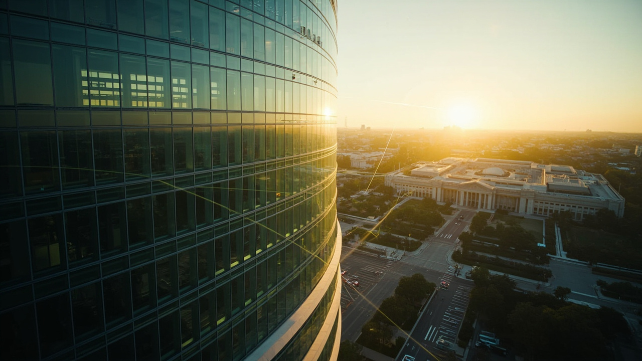 A split image of a Silicon Valley corporate campus and the Pentagon building, connected by a digital data stream visualization