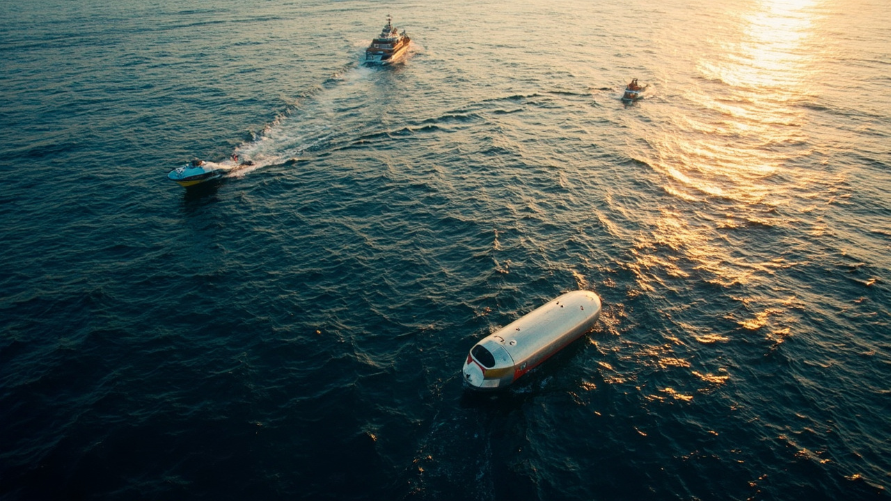 An Orion spacecraft capsule floating in the Pacific Ocean after splashdown with recovery boats approaching