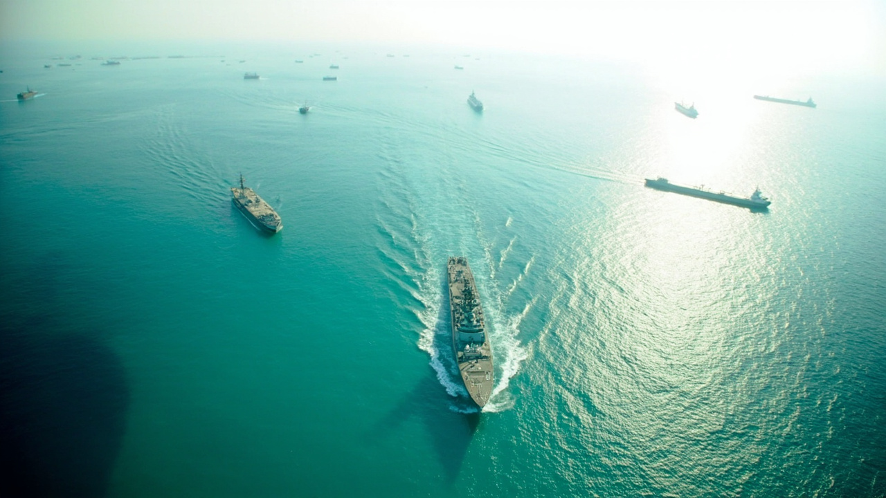 A wide aerial view of the Strait of Hormuz showing a US Navy destroyer in the foreground with scattered commercial tankers on the horizon under harsh midday light
