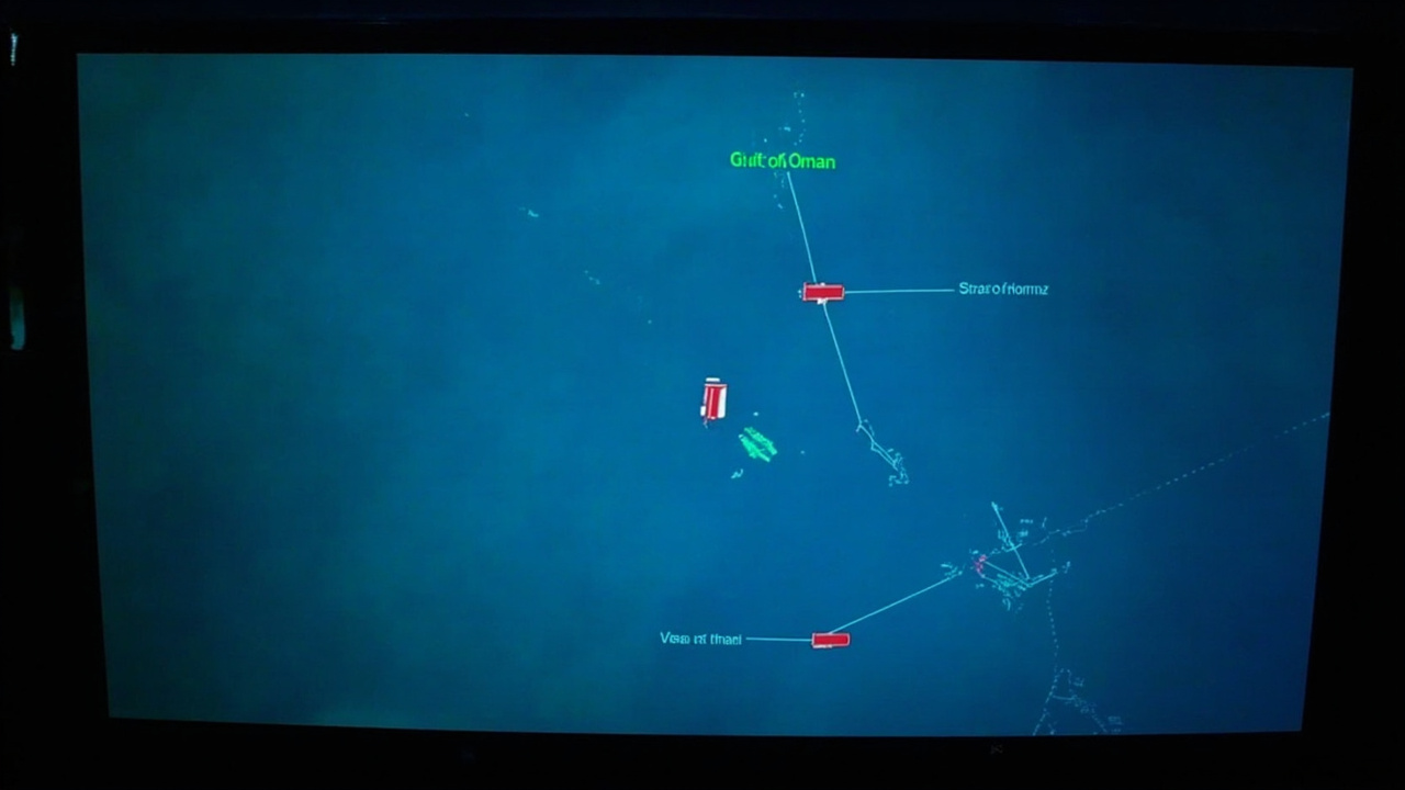 AIS vessel tracking display showing the path of the Elpis tanker going dark for two hours in the Gulf of Oman before reappearing southeast of the strait