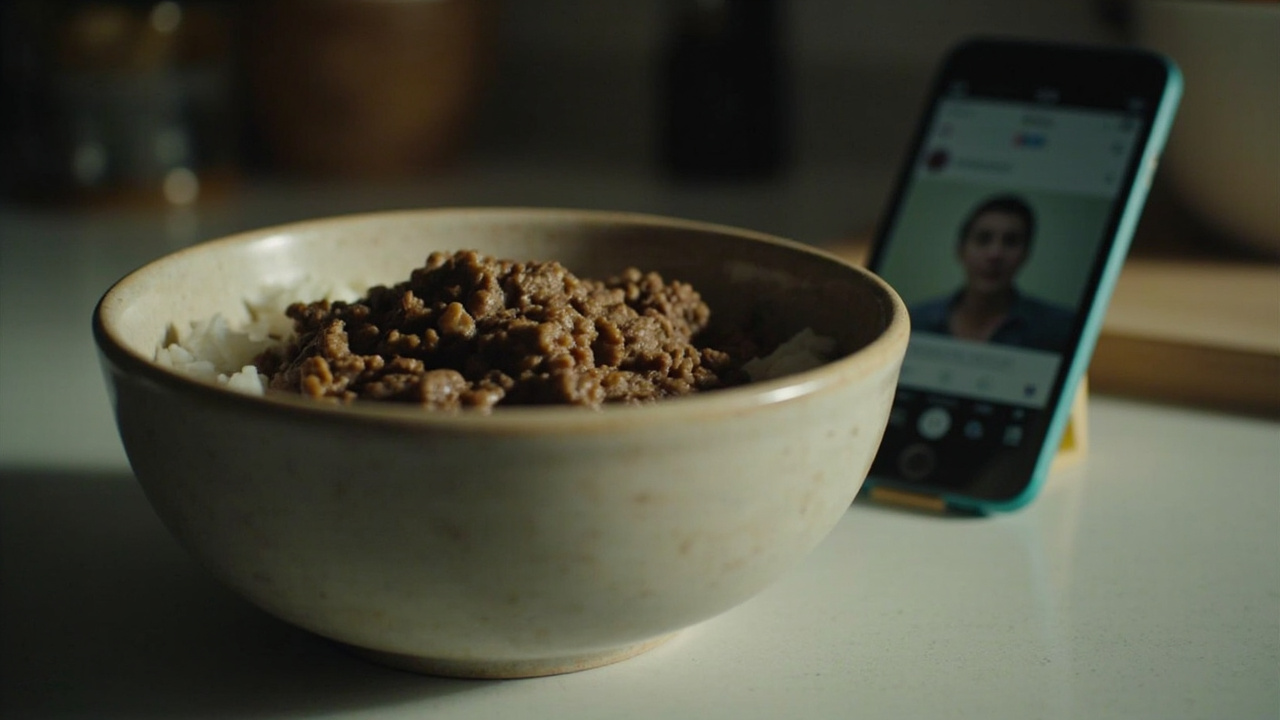 A simple bowl of ground beef and white rice on a kitchen counter with a smartphone showing a TikTok video nearby