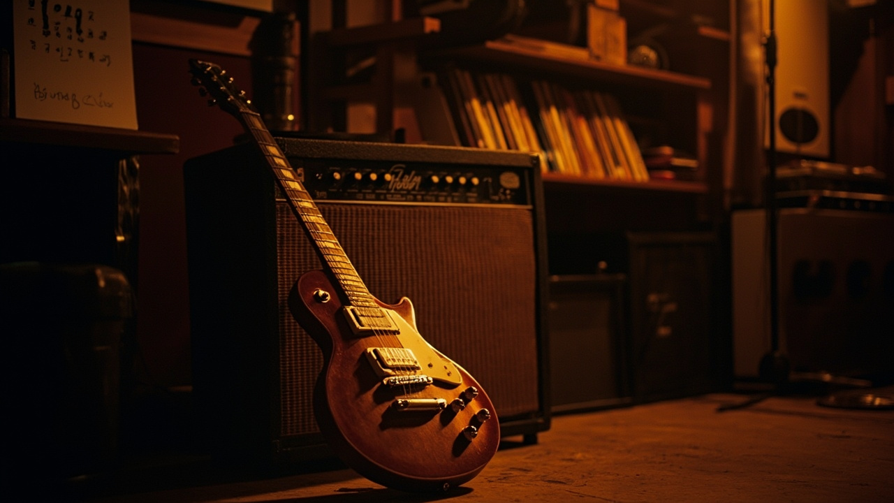 A vintage electric guitar resting against an amplifier in a dimly lit recording studio