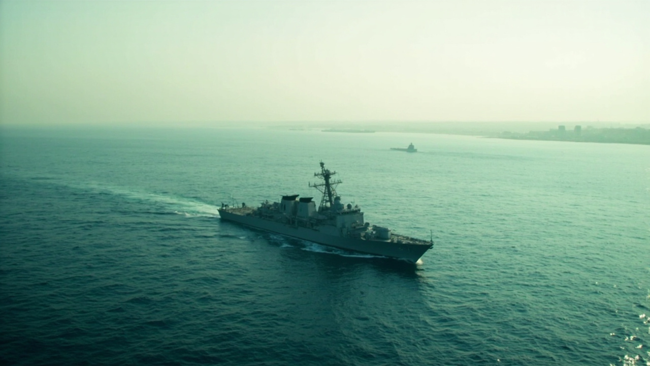 A U.S. Navy destroyer patrolling calm waters with the Iranian coastline visible in the haze