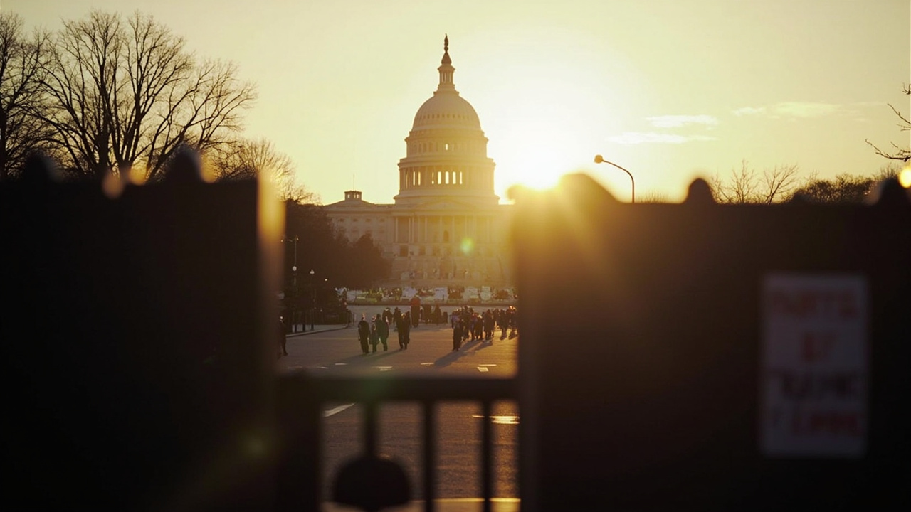 The US Capitol dome at dawn with a security fence in the foreground and scattered protesters holding anti-war signs visible in the distance