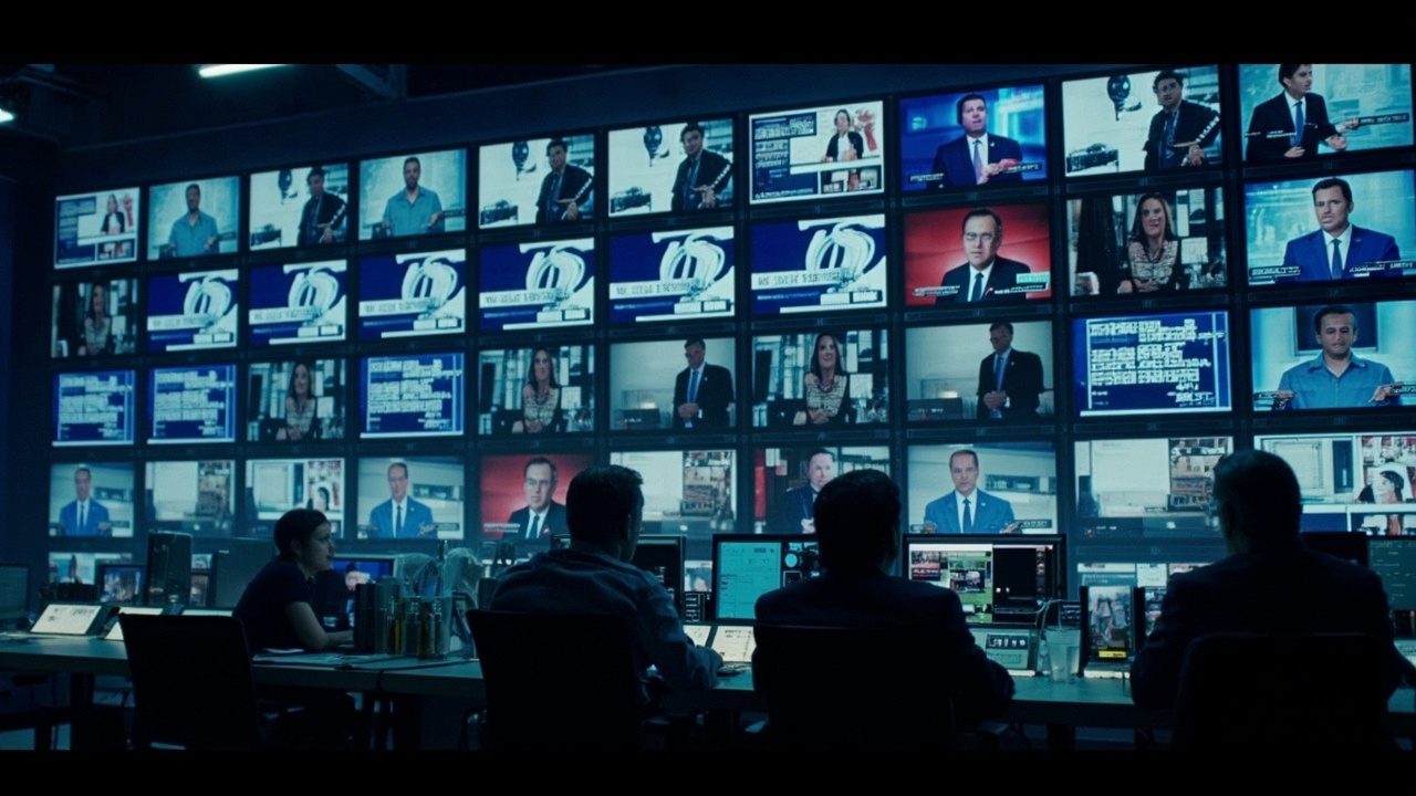 A wall of television screens in a newsroom all displaying the same broadcast from different local station affiliates