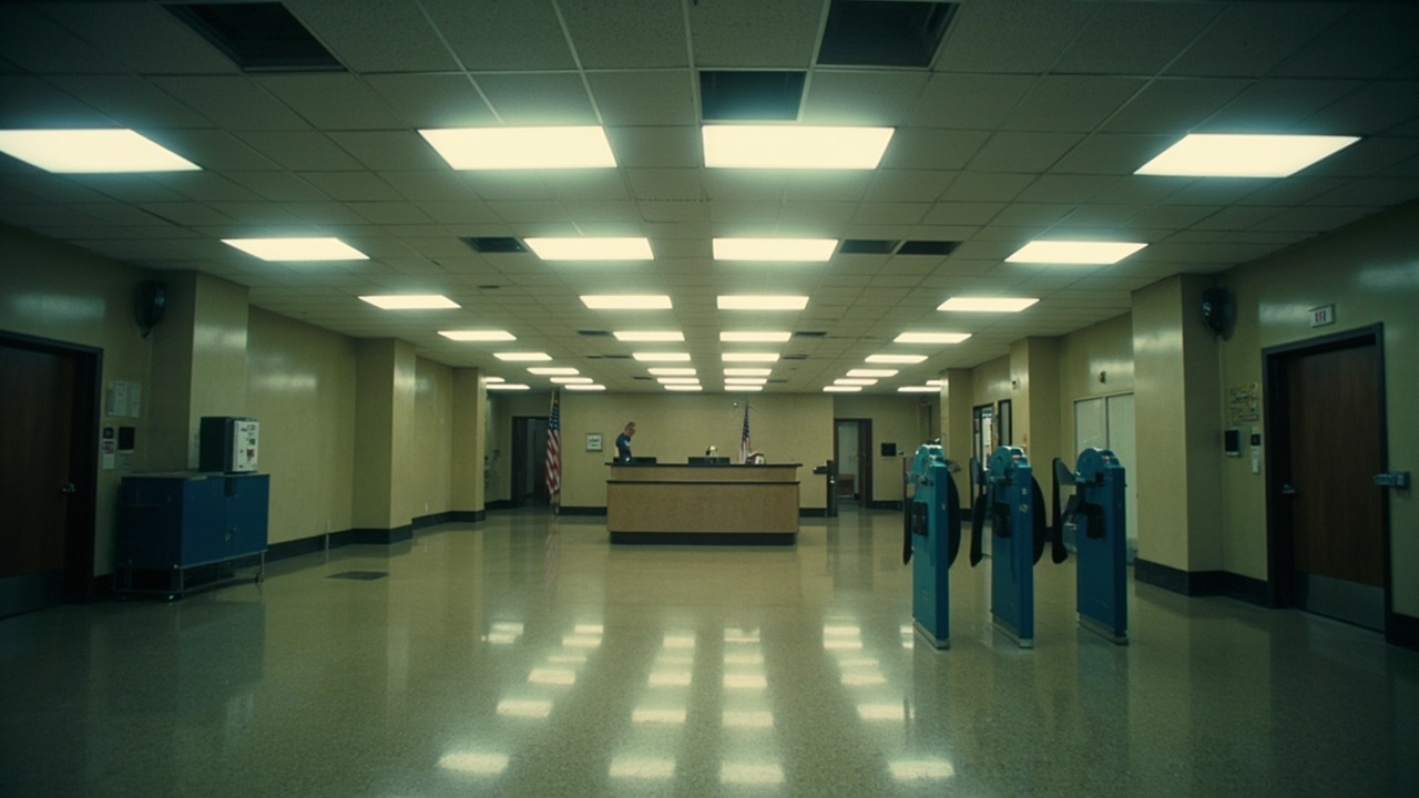 An empty government office building lobby with fluorescent lights on and security turnstiles unmanned
