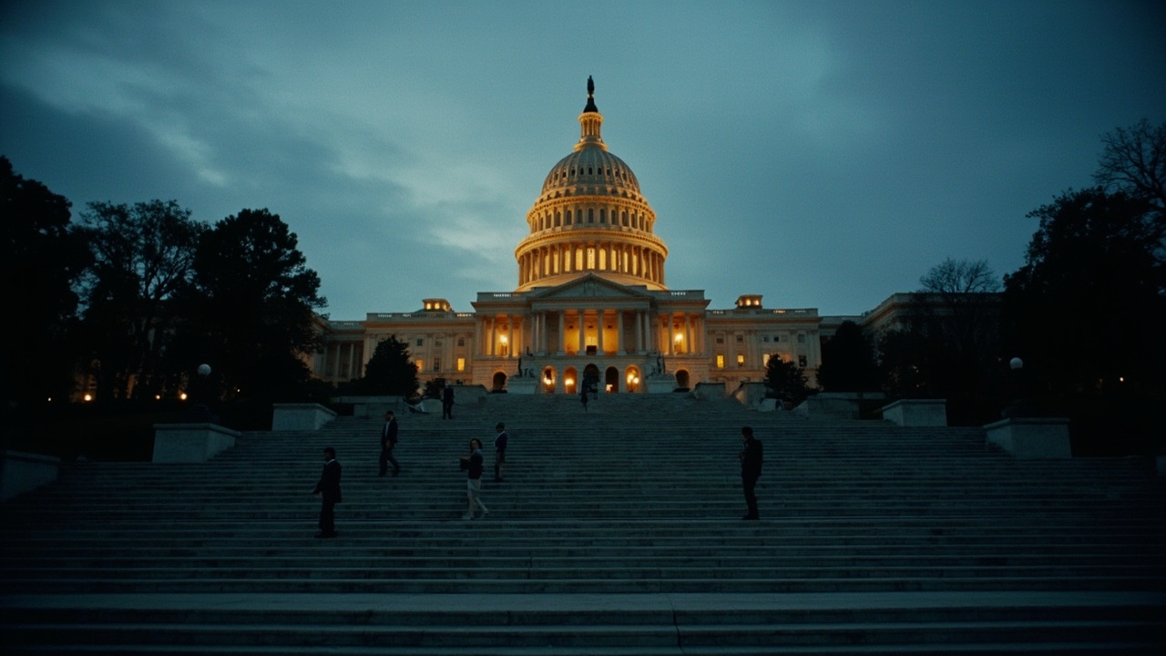 The U.S. Capitol building at dusk with empty steps and a split-screen effect