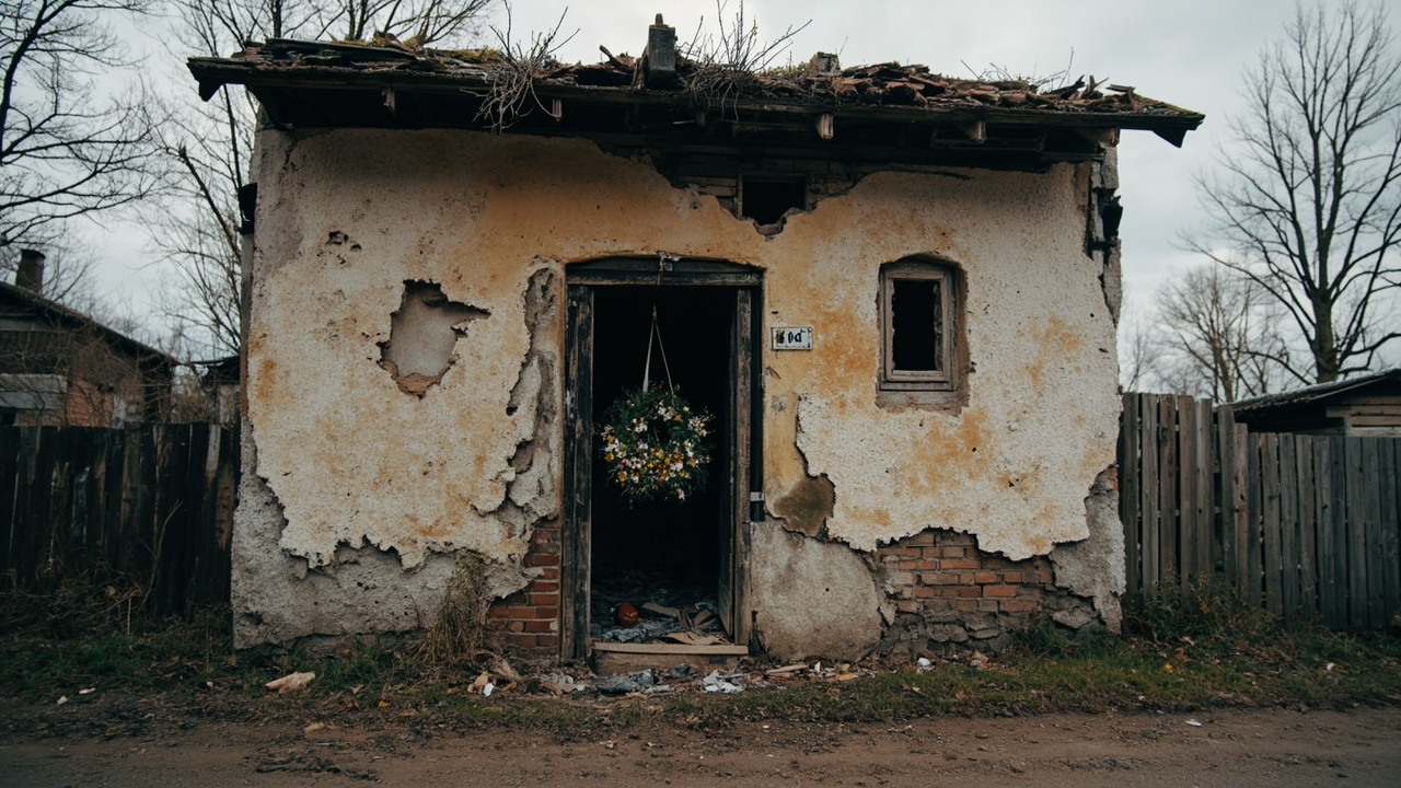 A destroyed building in eastern Ukraine with an Orthodox Easter wreath hanging from a blown-out doorway