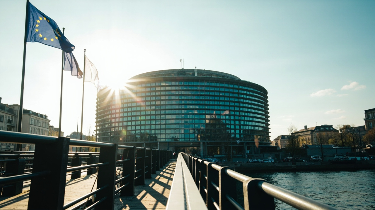 The European Parliament building in Strasbourg with EU flags in the foreground