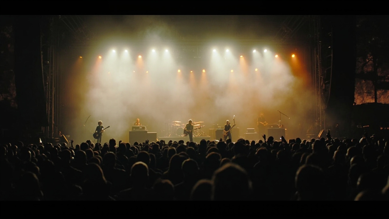 A rock band performing on a large festival stage under dramatic stage lighting with a packed crowd visible in the foreground
