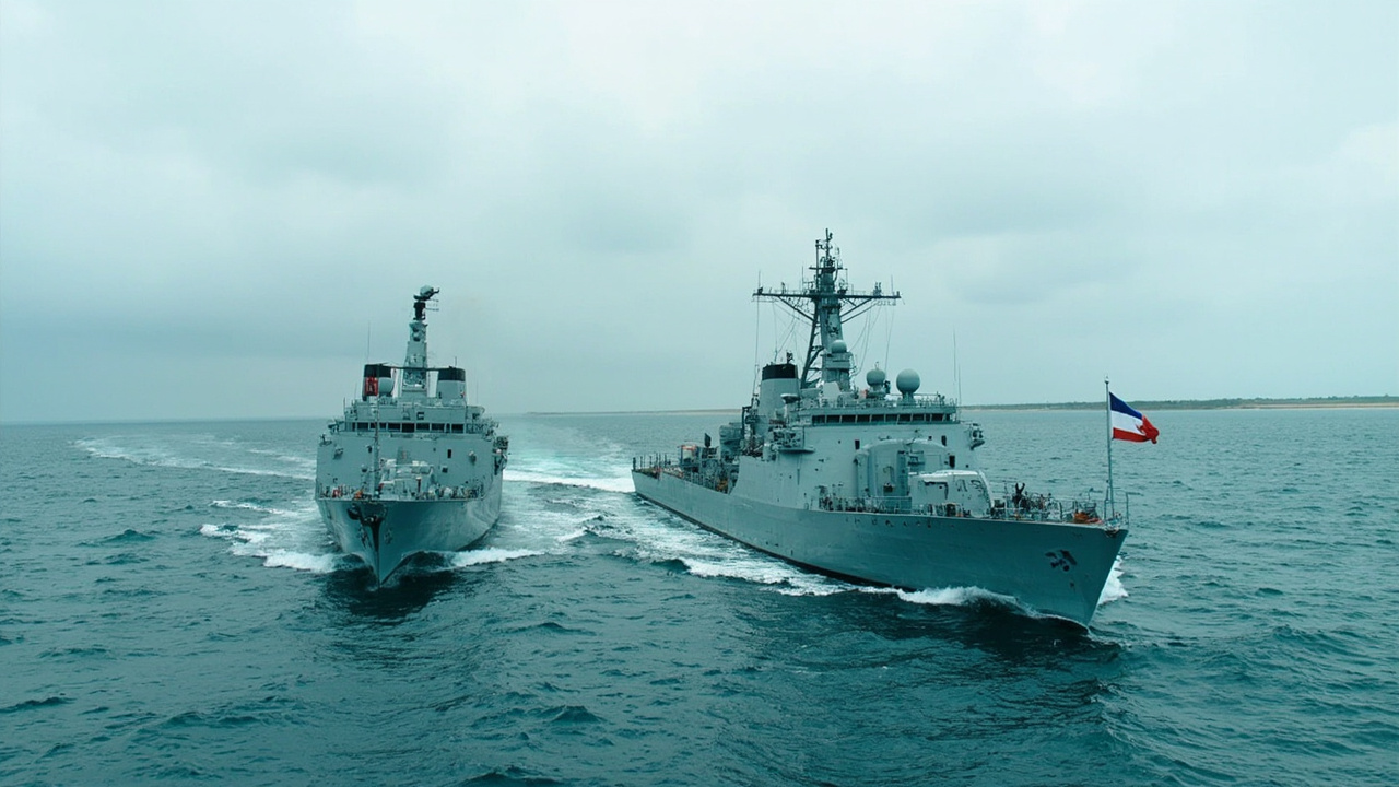 French and British naval frigates sailing in formation through blue-green Gulf waters under overcast skies
