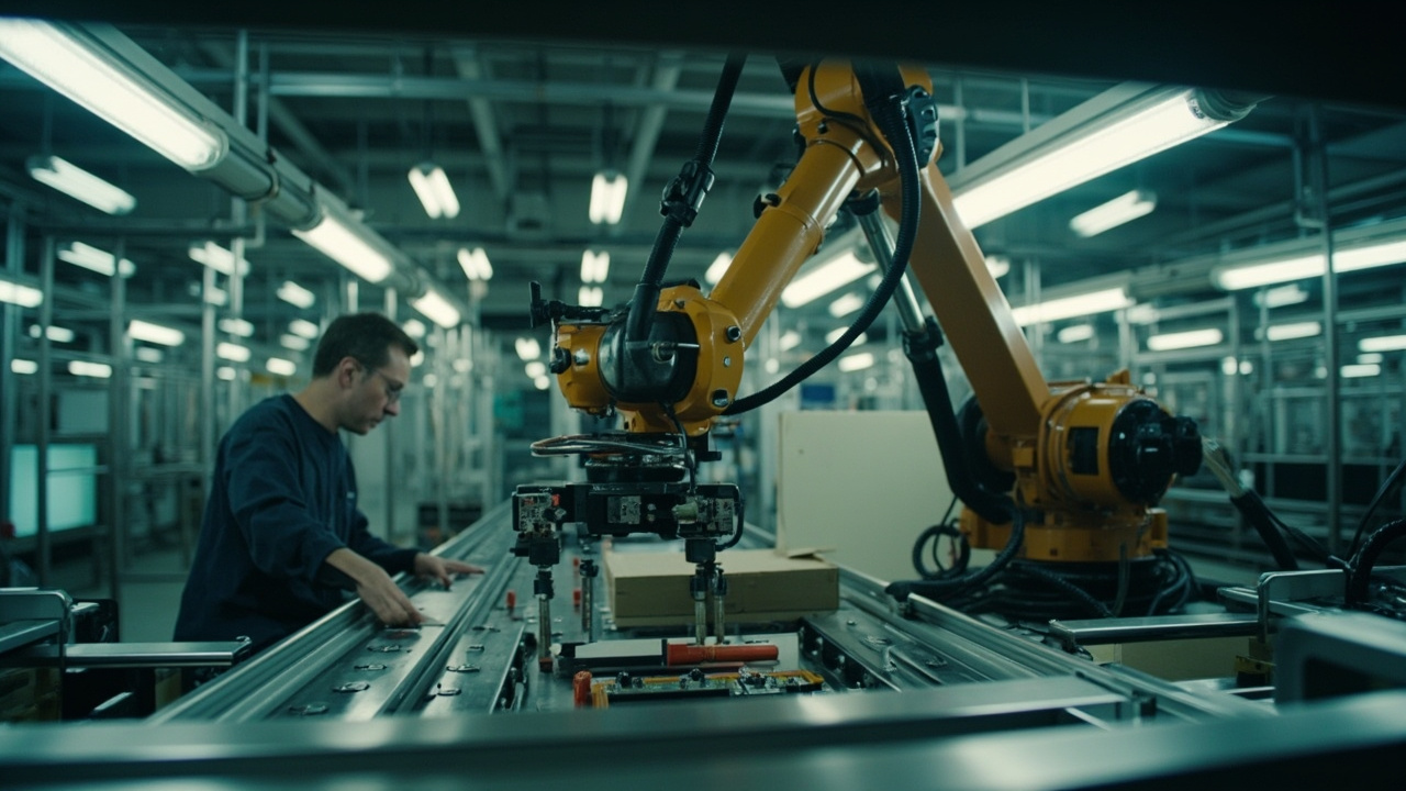 A robotic arm performing precise assembly work on a factory production line under bright industrial lighting
