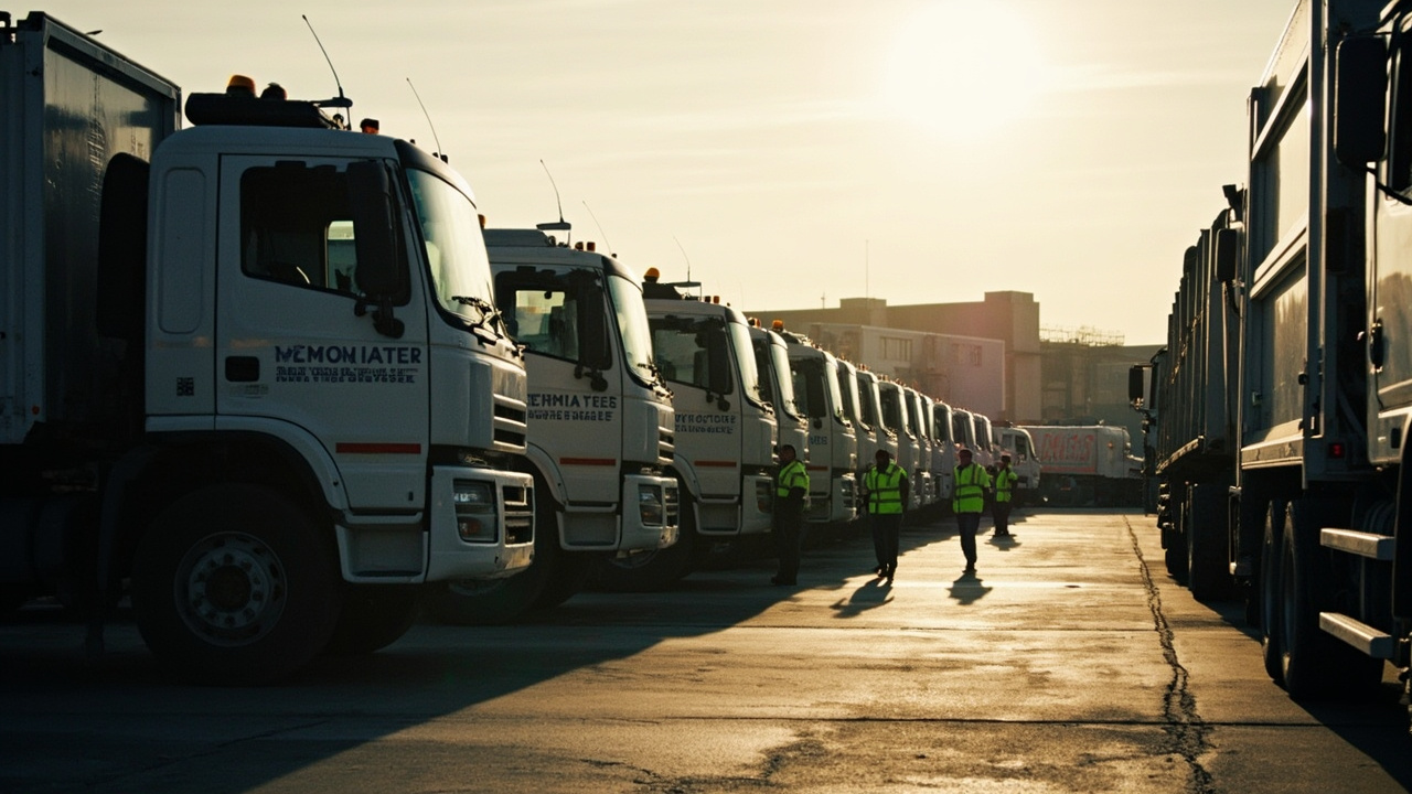 A fleet of green waste management trucks parked in a row at an industrial facility