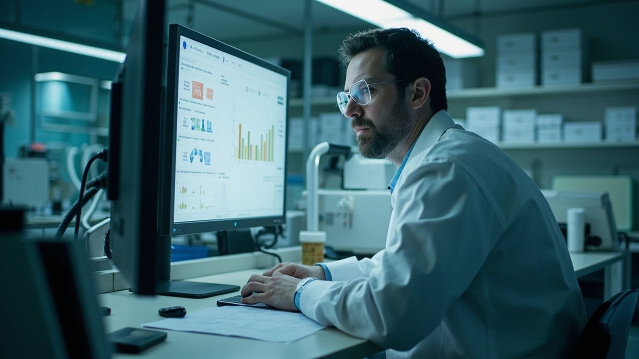 A researcher reviewing data on a computer screen in a clinical laboratory setting