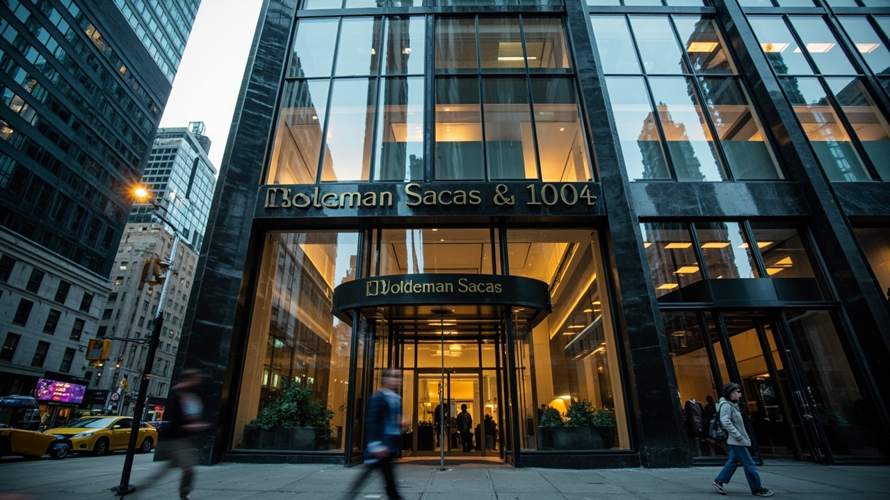 The Goldman Sachs headquarters building at 200 West Street in Lower Manhattan, glass facade reflecting early morning light