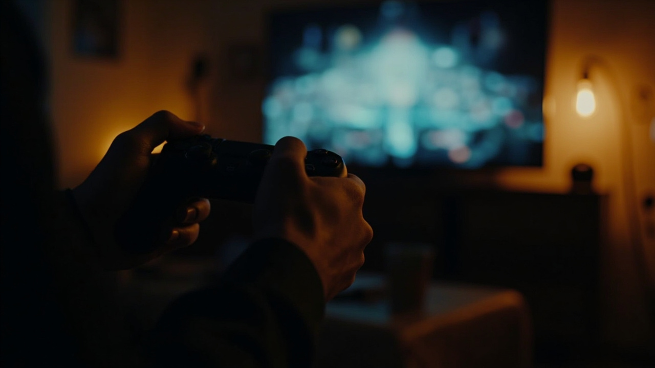 A person holding a game controller in a dimly lit room with a large television screen glowing in the background