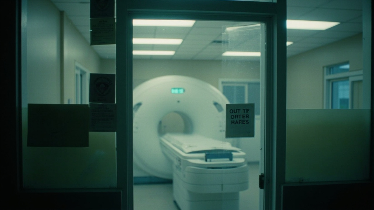 An MRI machine with an out-of-service sign in a hospital imaging department