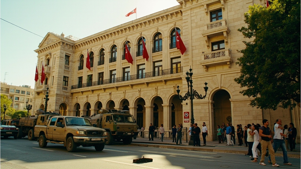 A Lebanese government building in Beirut with protest banners and military vehicles visible on the street below